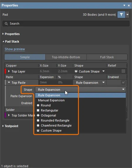The paste/solder mask shapes other than Custom are also available in the Shape drop-down.