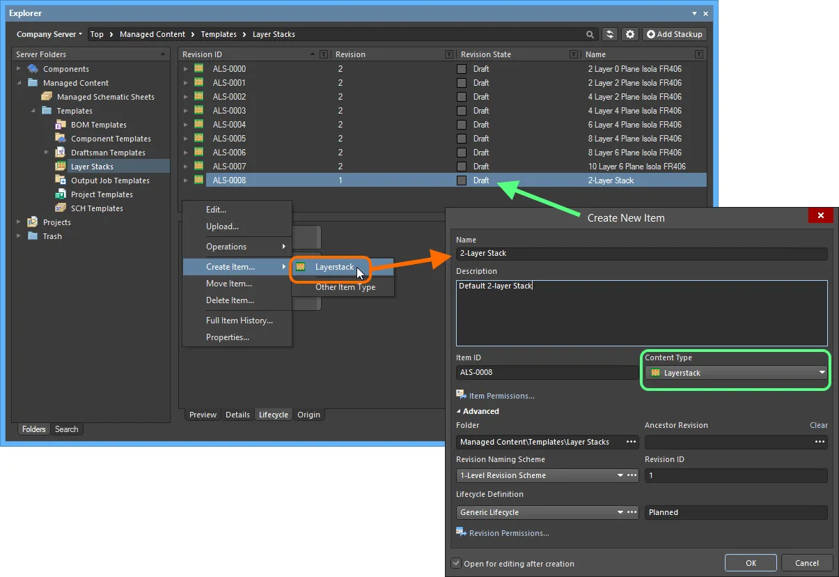 Creating a Layerstack Item within a Layerstacks folder - the correct Content Type is available on the context menu. Creating a Layerstack Item within a Layerstacks folder - the correct Content Type is available on the context menu.