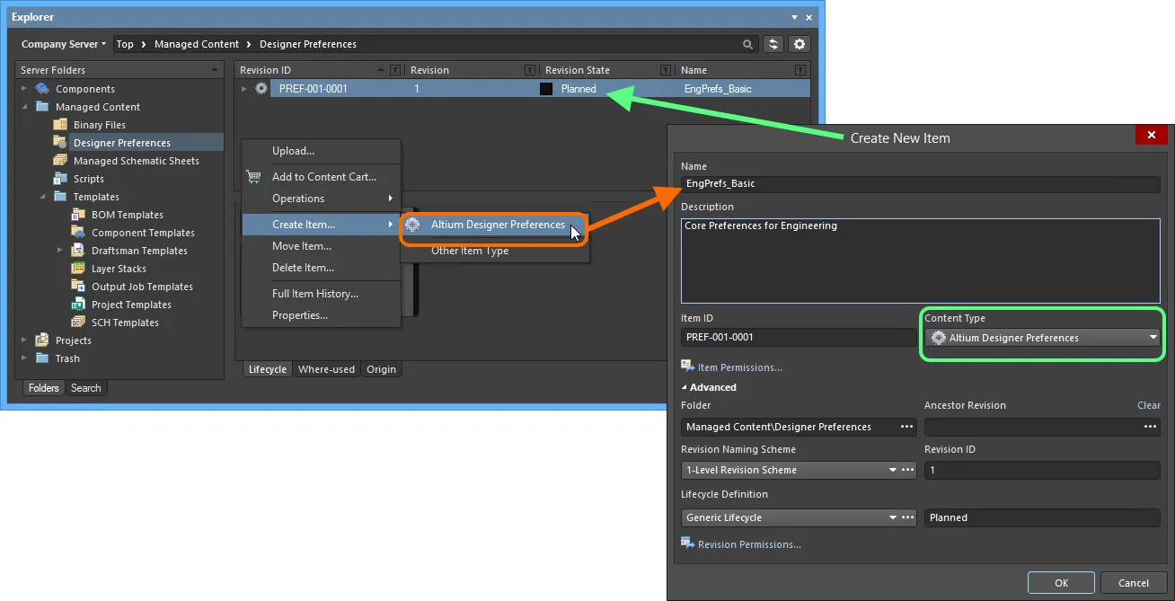 Creating a Designer Preferences Item within an Altium Designer Preferences folder - the correct Content Type is available on the context menu. Creating a Designer Preferences Item within an Altium Designer Preferences folder - the correct Content Type is available on the context menu.