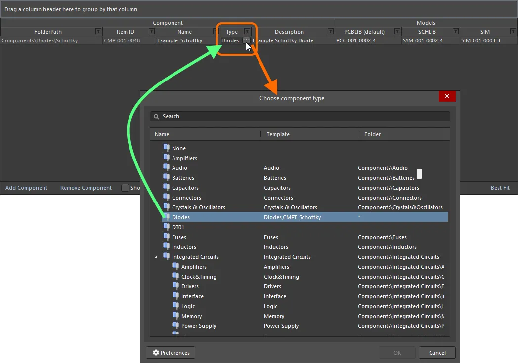 Example of setting the Type attribute for a component definition to Diode.