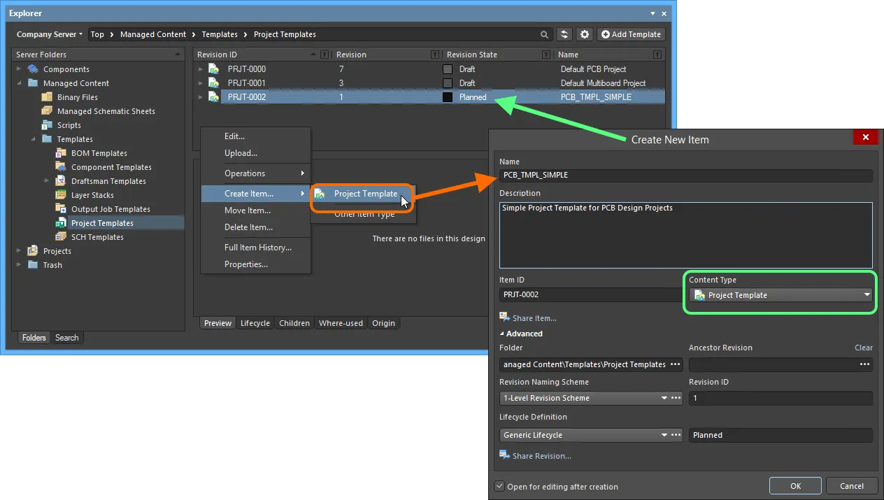 Creating a Project Template Item within a Project Templates folder - the correct Content Type is available on the context menu.
