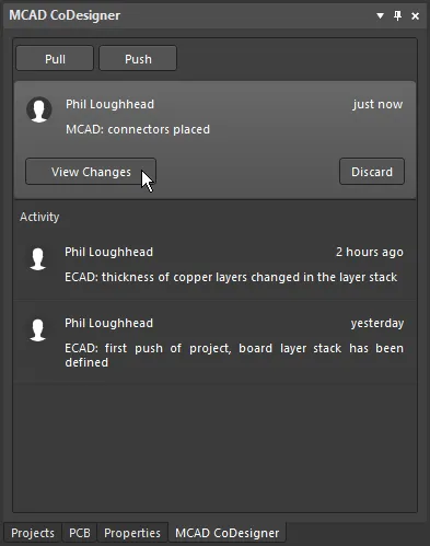 Изменения платы и компонентов принимаются в MCAD с помощью панели MCAD CoDesigner