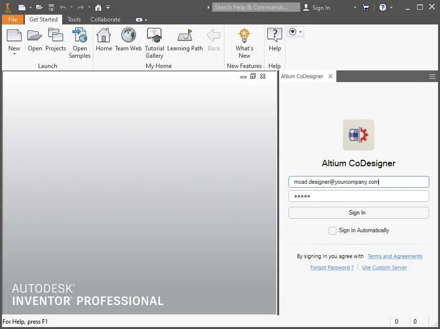 Сначала войдите на сервер управляемых данных с помощью полей входа в панели Altium CoDesigner