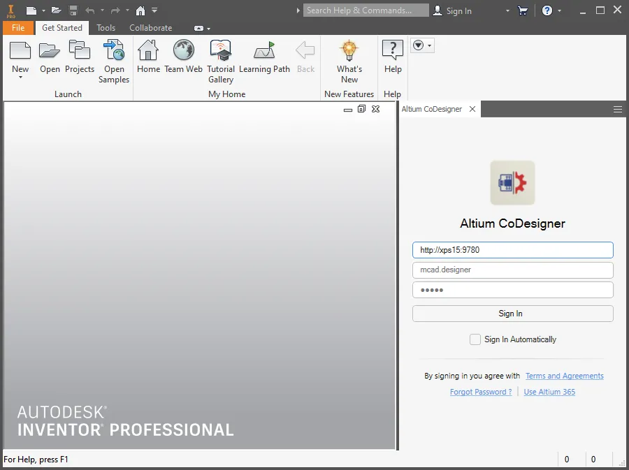 Сначала войдите на сервер управляемых данных с помощью полей входа во вкладке панели Altium CoDesigner