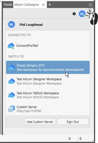 Меню для выбора активного Workspace для переключения на пользовательский сервер или для выхода