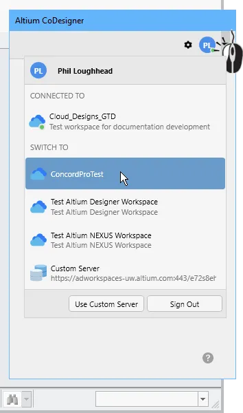 Меню для выбора активного Workspace для переключения на пользовательский сервер или для выхода