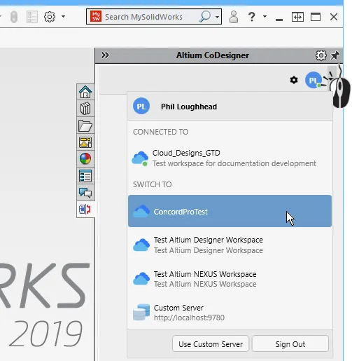 Меню для выбора активного Workspace для переключения на пользовательский сервер или для выхода