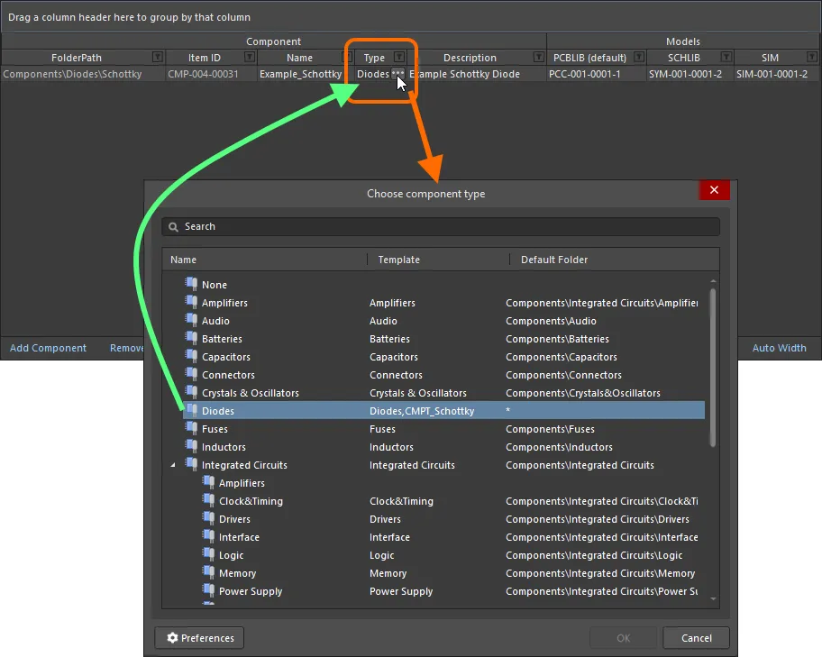 Example of setting the Type attribute for a component definition to Diode.