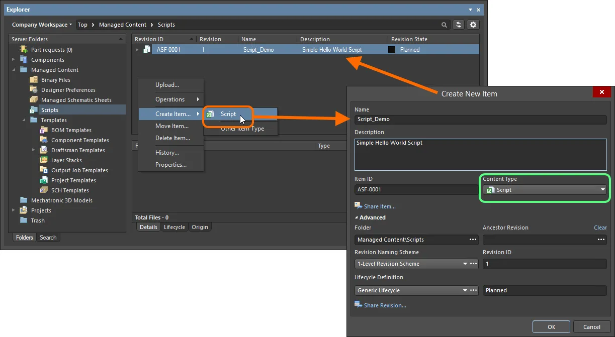 Creating a Script Item within a Scripts folder - the correct Content Type is available on the context menu. Creating a Script Item within a Scripts folder - the correct Content Type is available on the context menu.