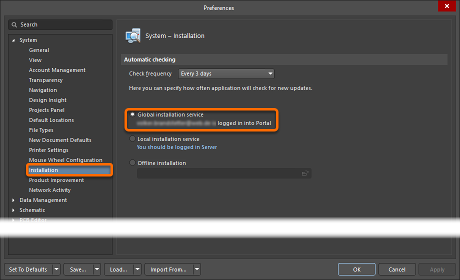Altium Designer Preferences > System > Installation, showing Global installation service selected and a Portal account logged in.