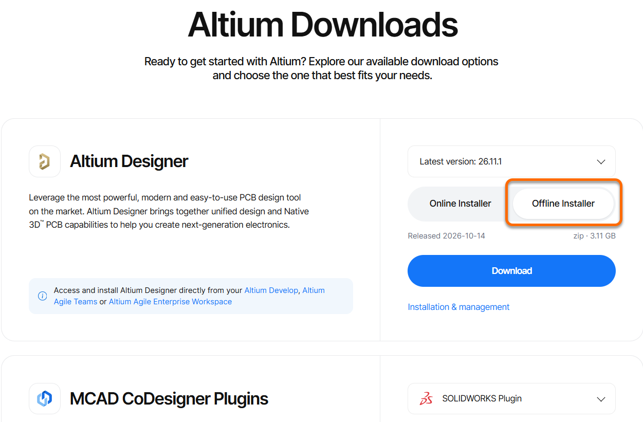 Altium Downloads page showing Altium Designer version 26.11.1 with Offline Installer selected; the ZIP download is 3.11 GB and can be started with the Download button