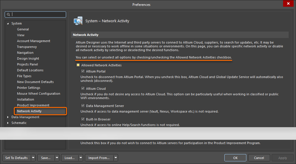 Altium Designer Preferences > System > Network Activity, showing Allowed Network Activities enabled, with options including Altium Portal, Altium Cloud, Data Management Server, and Built-In Browser.