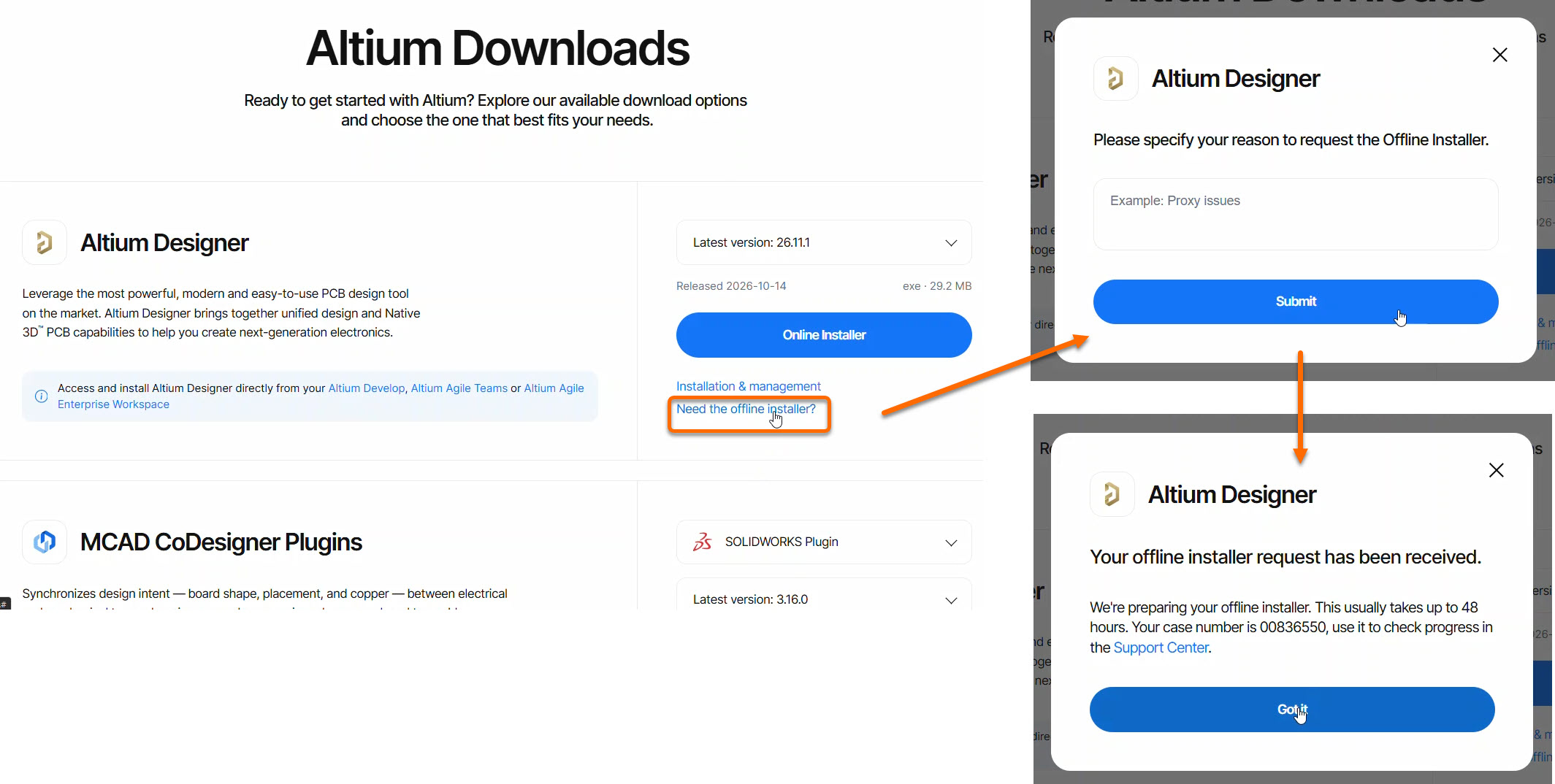 Altium Downloads page showing the offline installer workflow: select “Need the offline installer?”, enter a reason and submit; confirmation states the request was received and provides a case number for tracking in the Support Center.