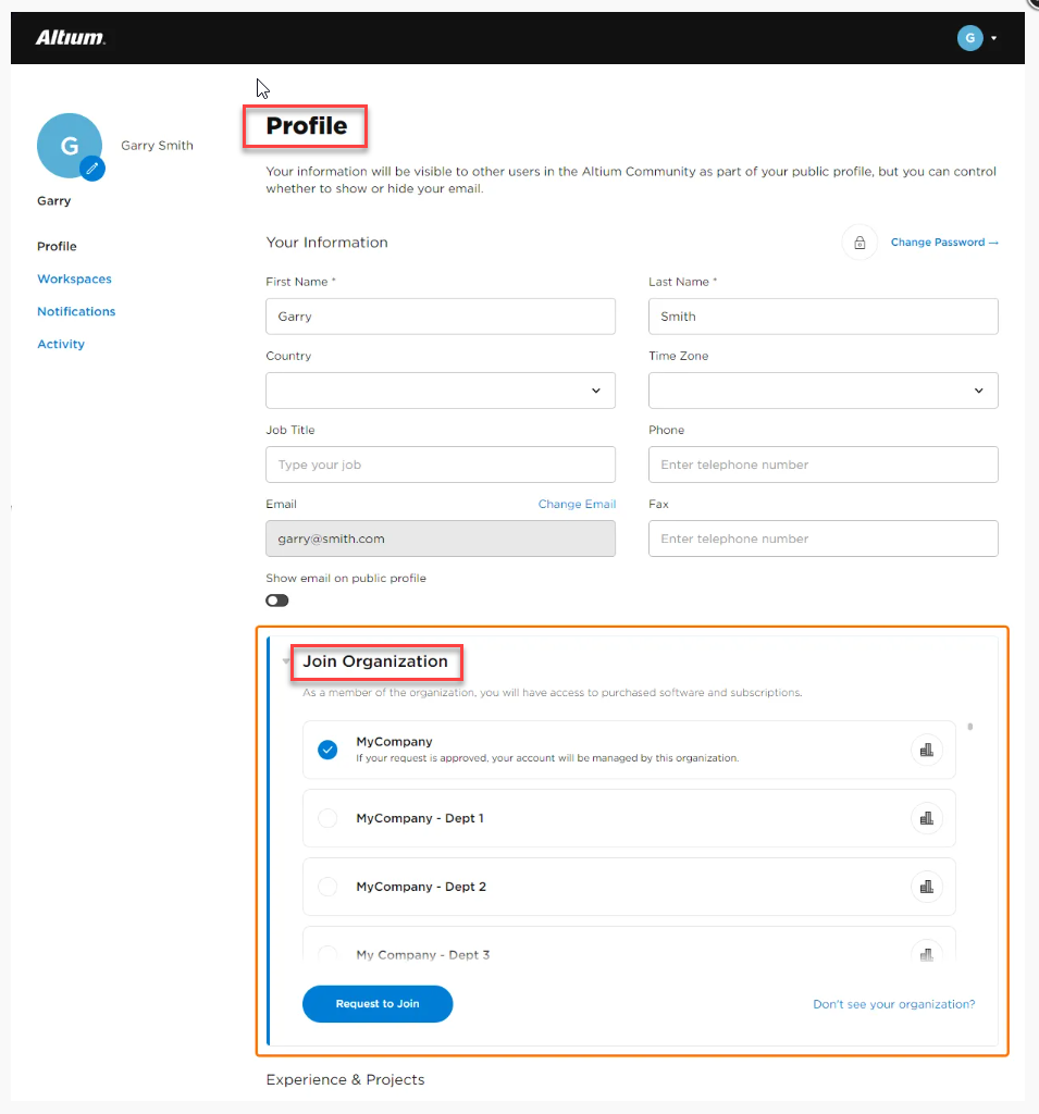 Altium Profile page showing Join Organization section, with MyCompany selected, other organization options listed, and Request to Join and Don’t see your organization? links.