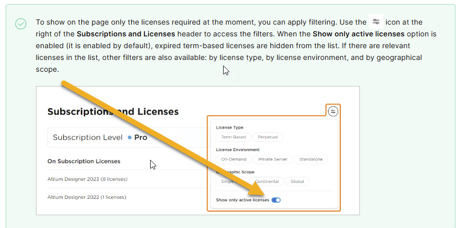 Subscriptions and Licenses page showing filter options for license type, environment, and geographic scope, with “Show only active licenses” enabled to hide expired term-based licenses.