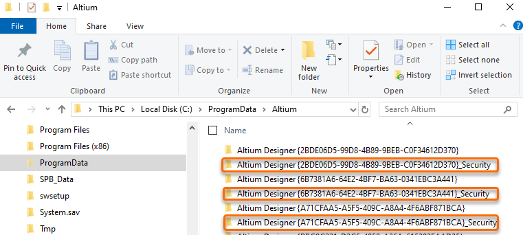 File Explorer showing ProgramData\Altium with multiple Altium Designer folders listed, including versioned folders and corresponding “_Security” directories used for licensing data.