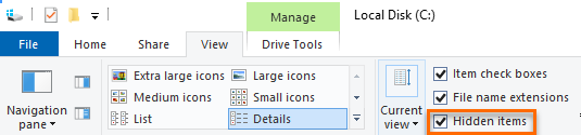 File Explorer View tab showing View options, with File name extensions and Hidden items enabled via checked boxes.