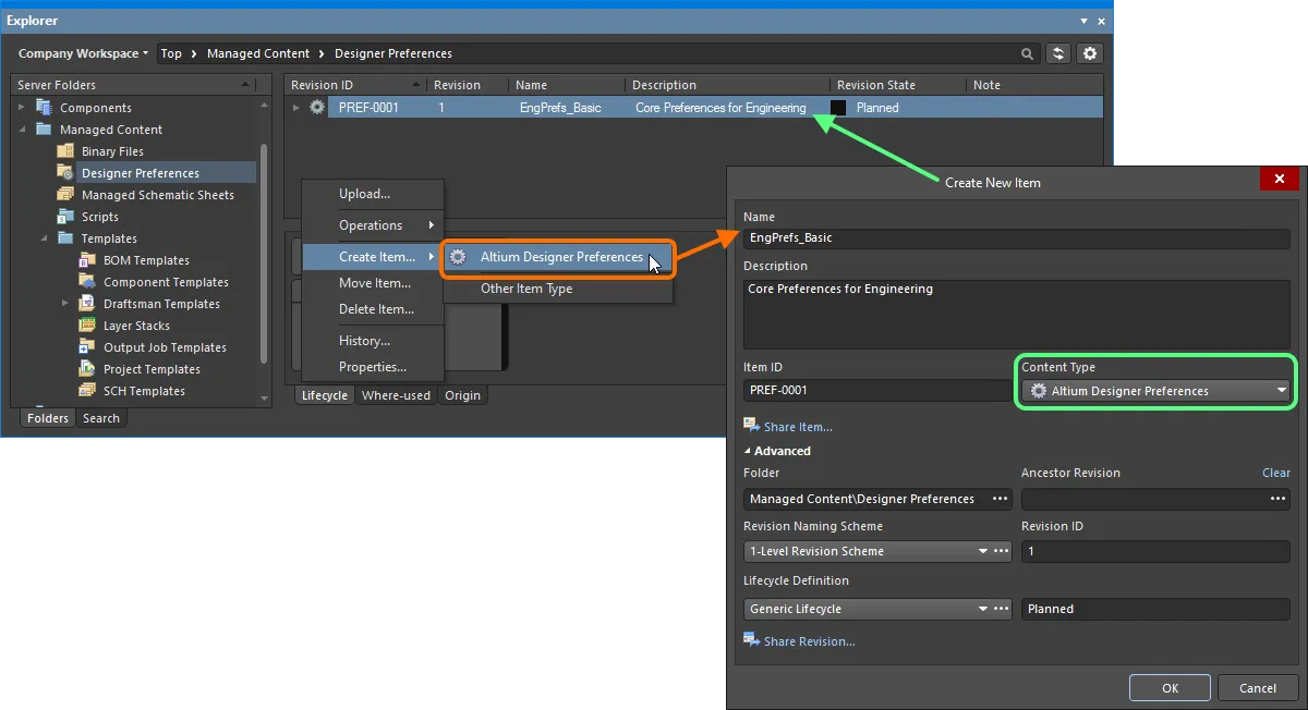 Creating designer preferences within an Altium Designer Preferences folder – the correct Content Type is available on the context menu. Creating designer preferences within an Altium Designer Preferences folder – the correct Content Type is available on the context menu.