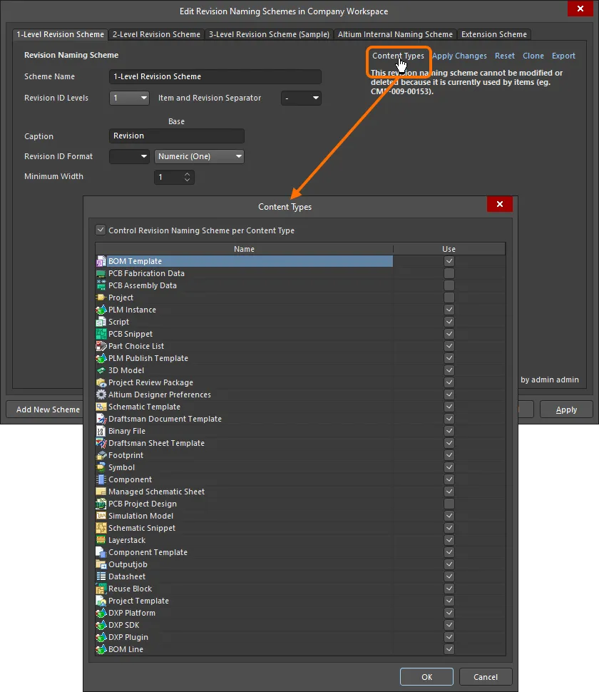 Accessing the Content Types dialog – command central for determining which content types can use the revision naming scheme being configured.