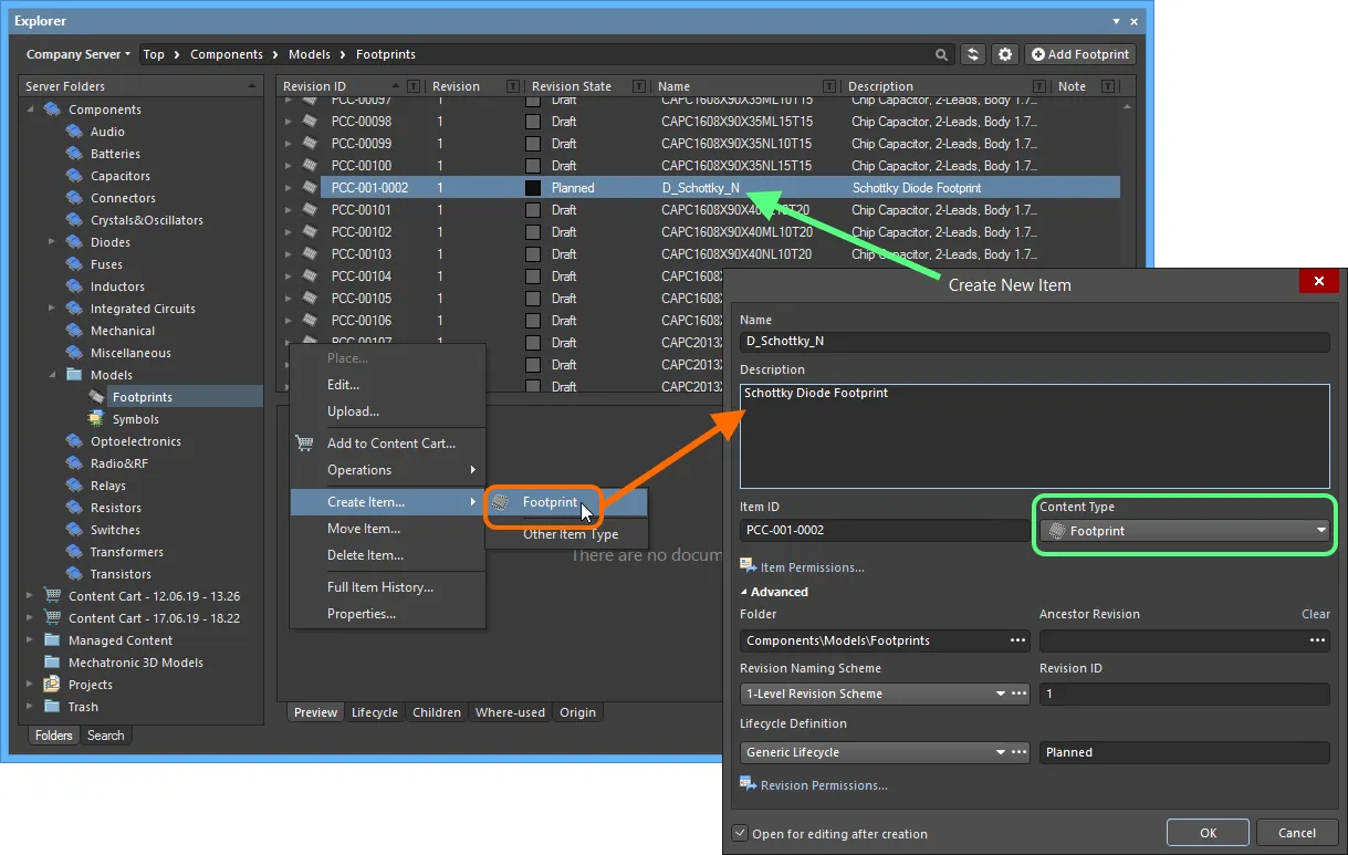 Creating a Footprint Item within a Footprints folder - the correct Content Type is available on the context menu. Creating a Footprint Item within a Footprints folder - the correct Content Type is available on the context menu.
