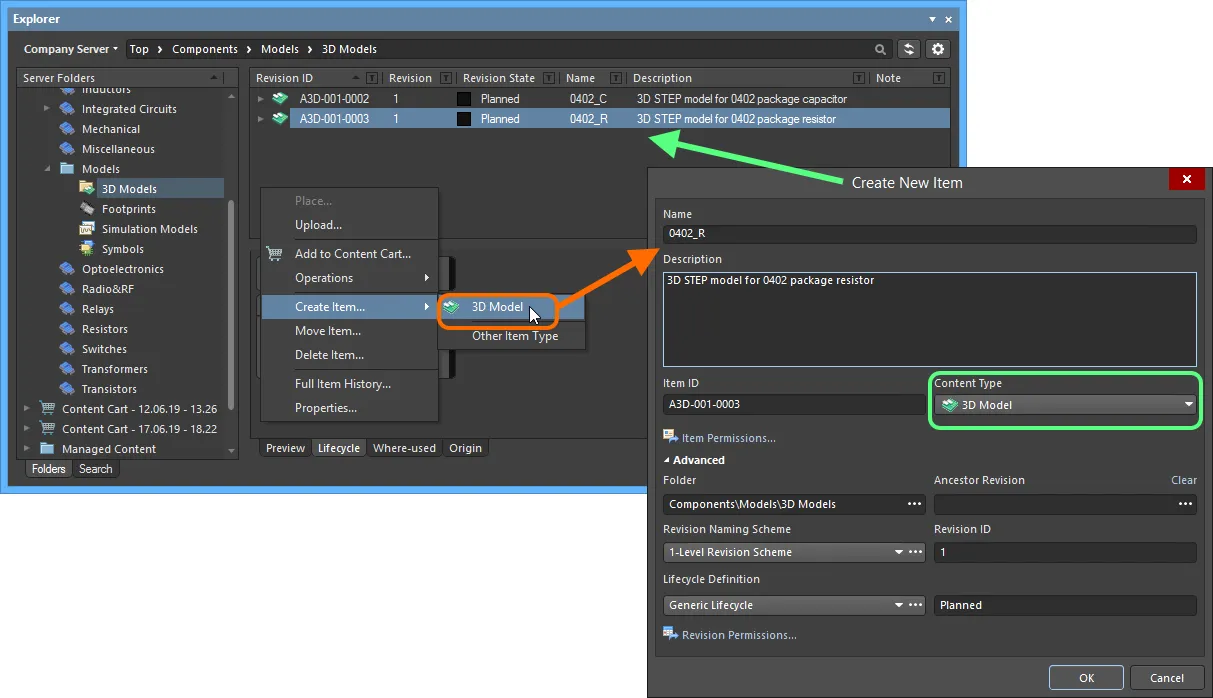 Creating a 3D Model Item within a 3D Models folder - the correct Content Type is available on the context menu. Creating a 3D Model Item within a 3D Models folder - the correct Content Type is available on the context menu.
