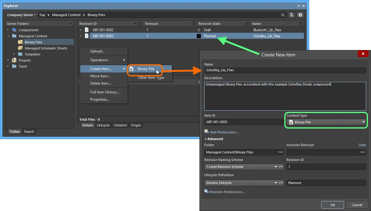 Creating a Binary File Item within a Binary Files folder - the correct Content Type is available on the context menu.