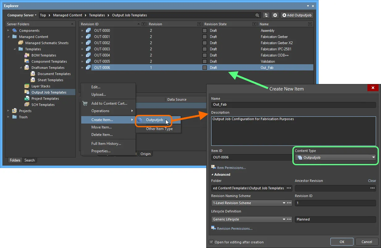 Creating an Outputjob Item within an Output Jobs folder - the correct Content Type is available on the context menu.