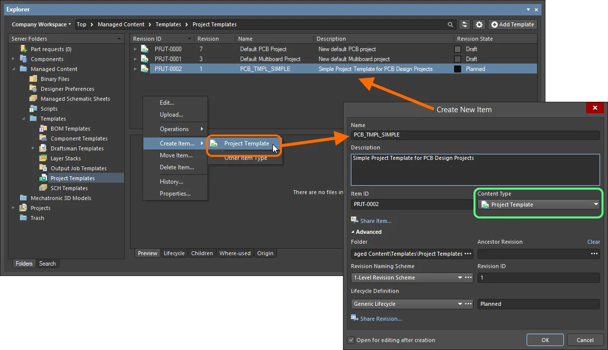 Creating a Project Template Item within a Project Templates folder - the correct Content Type is available on the context menu.