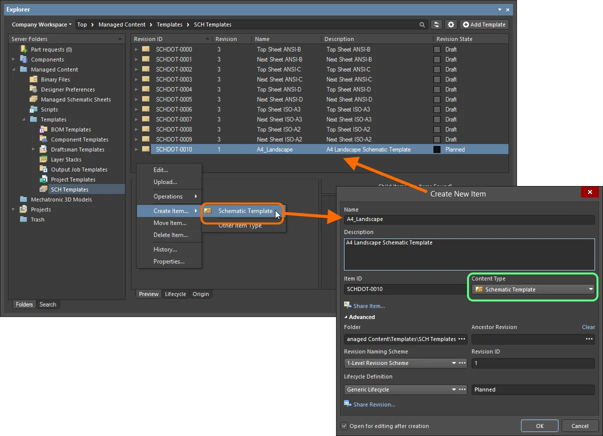 Creating a Schematic Template Item within a Schematic Templates folder - the correct Content Type is available on the context menu. Creating a Schematic Template Item within a Schematic Templates folder - the correct Content Type is available on the context menu.