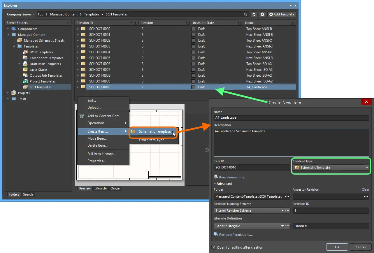 Creating a Schematic Template Item within a Schematic Templates folder - the correct Content Type is available on the context menu. Creating a Schematic Template Item within a Schematic Templates folder - the correct Content Type is available on the context menu.