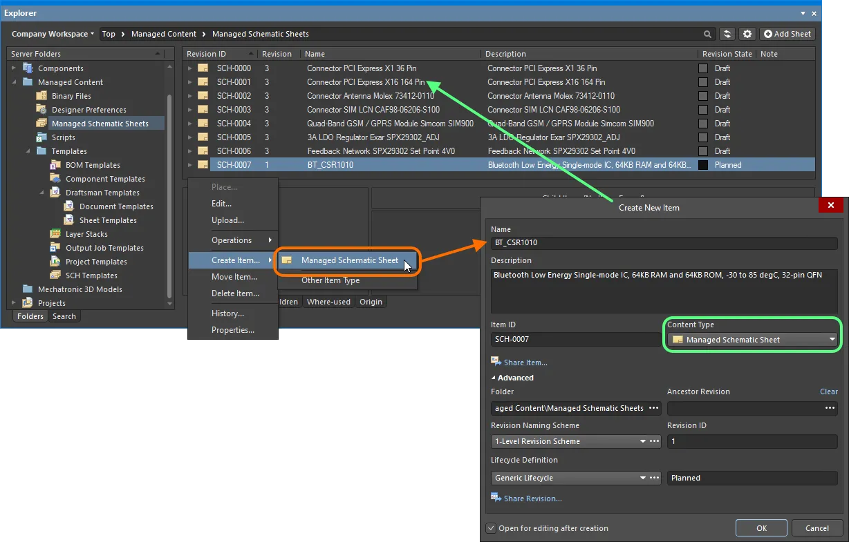 Creating a managed schematic sheet within a Managed Schematic Sheets folder – the correct Content Type is available on the context menu. Creating a managed schematic sheet within a Managed Schematic Sheets folder – the correct Content Type is available on the context menu.