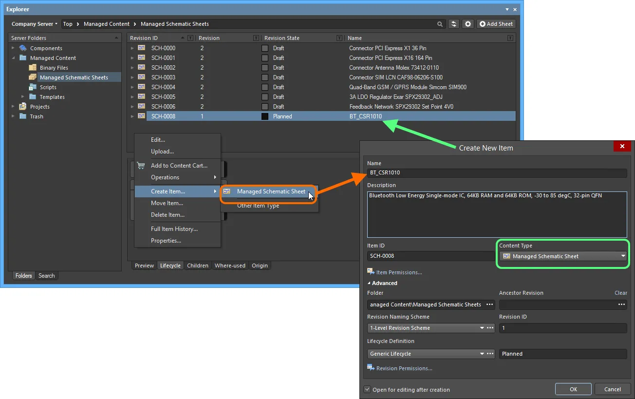 Creating a Managed Schematic Sheet Item within a Managed Schematic Sheets folder - the correct Content Type is available on the context menu.