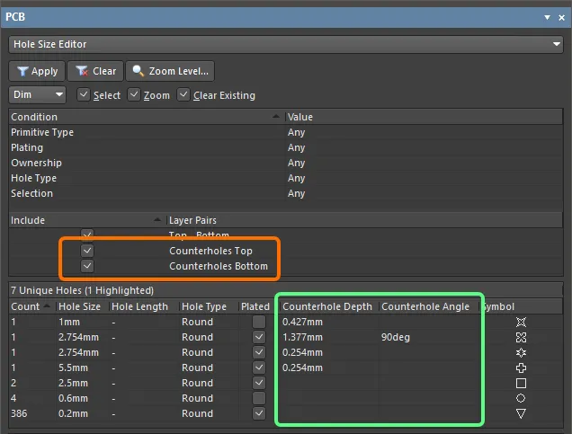 Information about counterholes in the design is displayed in the PCB panel’s Hole Size Editor mode.