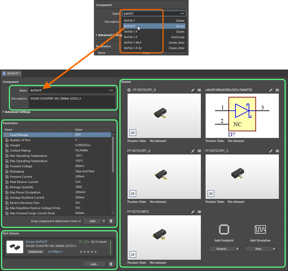 Start typing the name of the required manufacturer part - and select the relevant entry from the convenient pop-up listing. The image shows all data for that part being brought into the Component Editor.