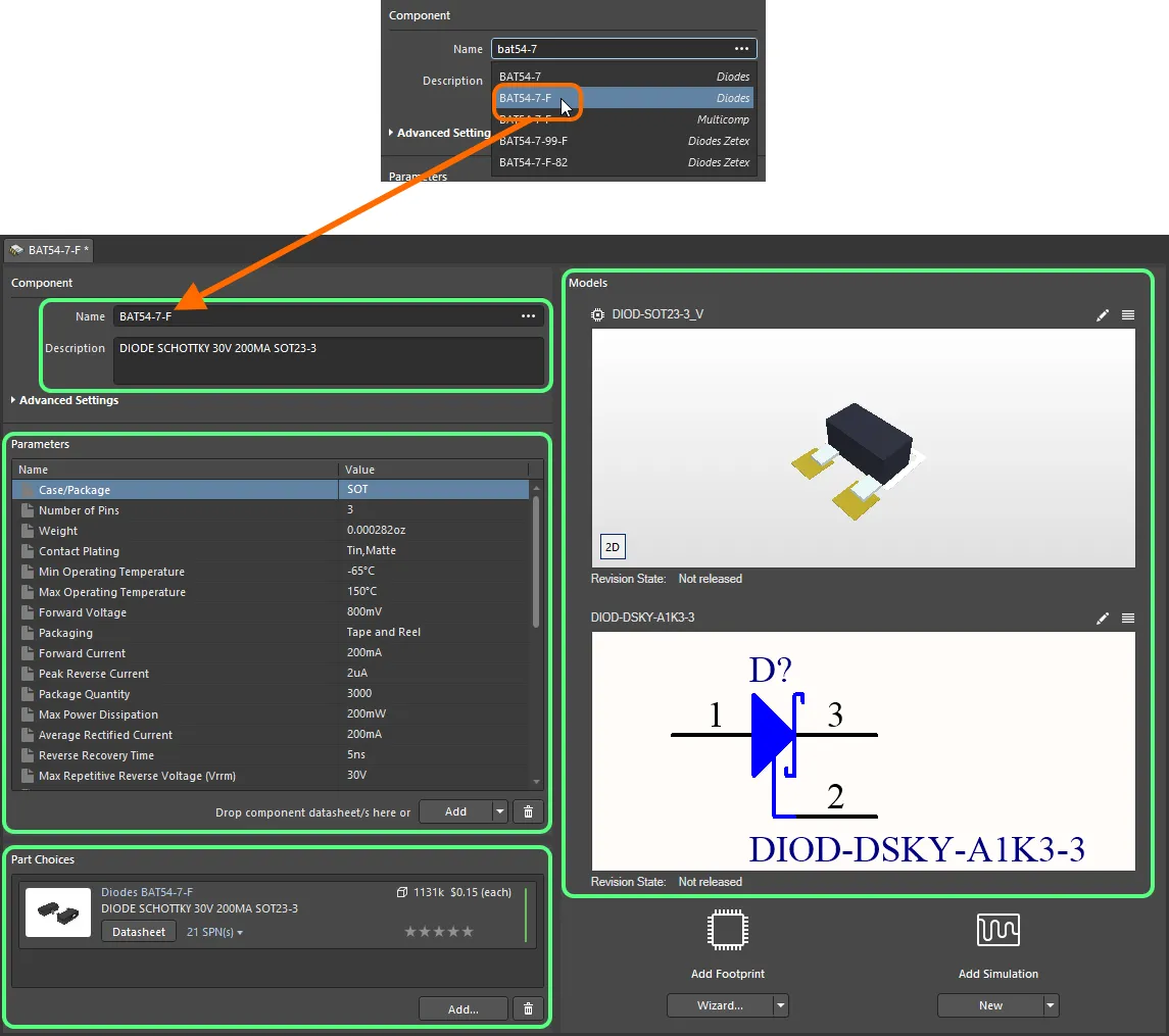 Start typing the name of the required manufacturer part - and select the relevant entry from the convenient pop-up listing. The image shows all data for that part being brought into the Component Editor.