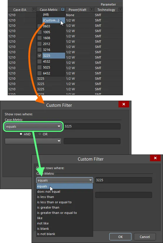 Choose to apply standard or customized column filtering.