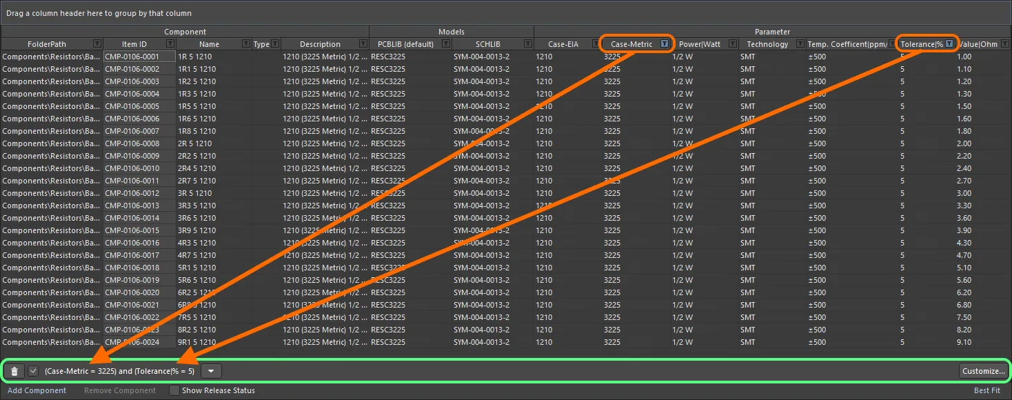 An example of column filtering in action.