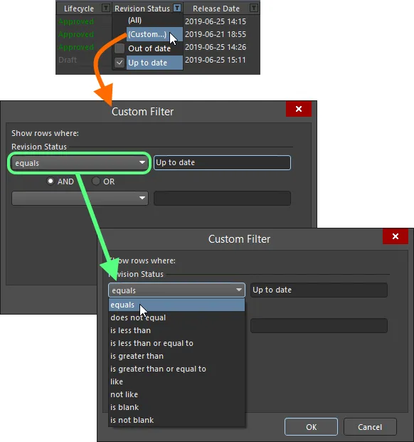 Choose to apply standard or customized column filtering.