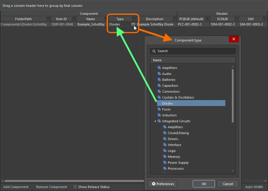 Example of setting the Type attribute for a component definition to Diode.