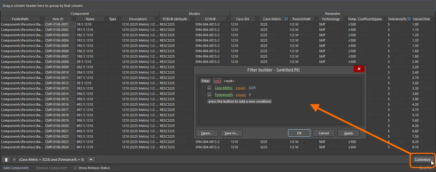 Use the Filter Builder dialog to create more sophisticated filtering.