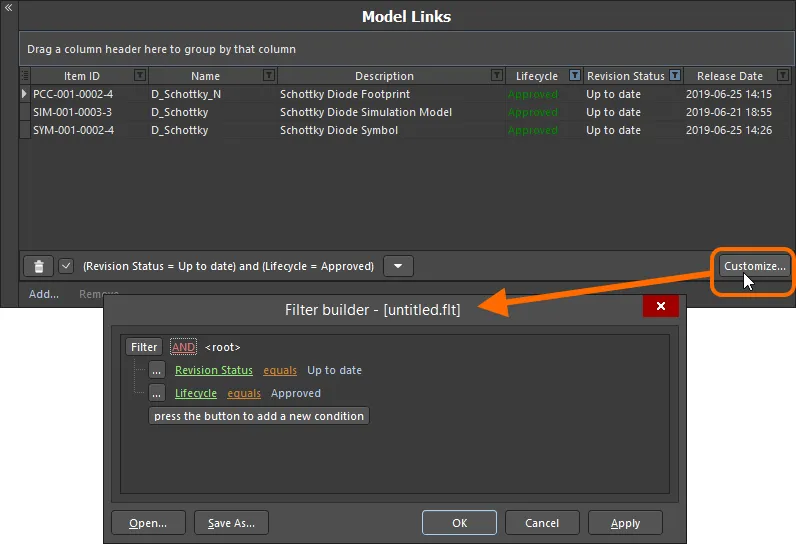 Use the Filter Builder dialog to create more sophisticated filtering.