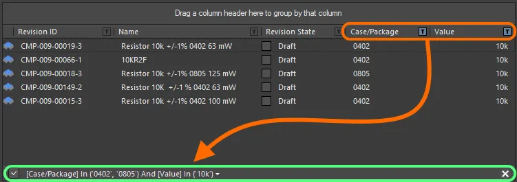 An example of column filtering in action.