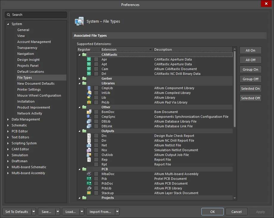  The System - File Types page of the Preferences dialog
