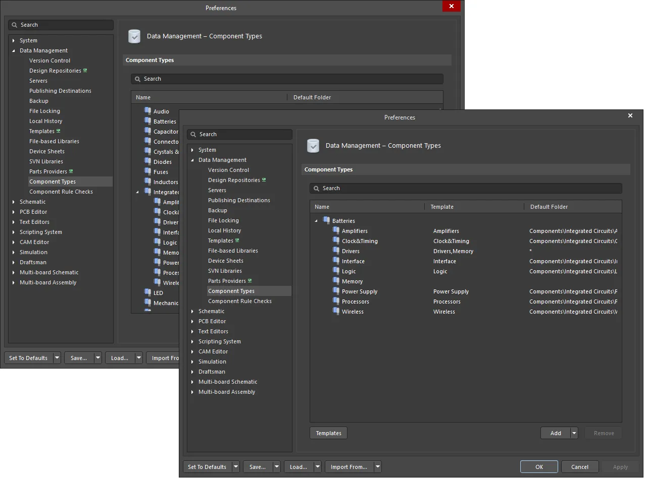 The two iterations of the Data Management - Component Types page of the Preferences dialog; on the left, an iteration in you are signed into an Altium 365 Standard account, and on the right, an iteration in which you are signed in to an Altium 365 Pro account. 