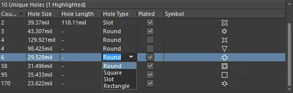 Changing the hole type for the selected group of six matching hole styles.