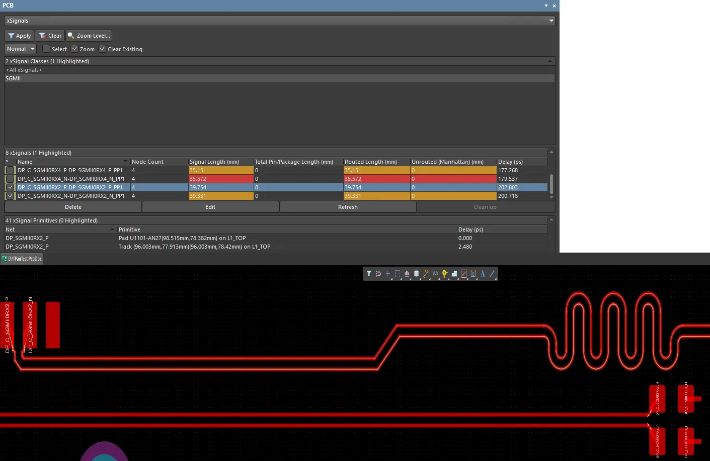 xSignal은 설계 공간에서 얇은 선으로 표현됩니다. 이 차동쌍에서 패널에서는 하나만 선택되어 있어도 가시성 체크박스가 활성화되어 있으므로 두 xSignal 모두 계속 표시됩니다. xSignal은 설계 공간에서 얇은 선으로 표현됩니다. 이 차동쌍에서 패널에서는 하나만 선택되어 있어도 가시성 체크박스가 활성화되어 있으므로 두 xSignal 모두 계속 표시됩니다.