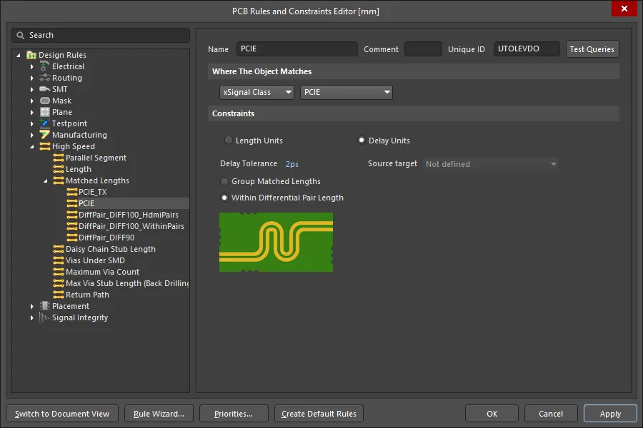 Matched Length 설계 규칙의 Constraints에서는, 대상이 된 모든 넷의 길이를 매칭할지(Group Matched Lengths) 또는 대상 넷에 포함된 각 diff pair 내부의 두 넷을 매칭할지 중에서 선택해야 합니다. Matched Length 설계 규칙의 Constraints에서는, 대상이 된 모든 넷의 길이를 매칭할지(Group Matched Lengths) 또는 대상 넷에 포함된 각 diff pair 내부의 두 넷을 매칭할지 중에서 선택해야 합니다.