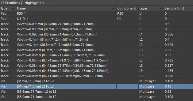 비아에 대해서는 통과하는 레이어와 스택업 치수에 기반한 정확한 길이가 계산됩니다. 이미지는 Nets 모드의 PCB 패널에서 가져온 것입니다. 비아에 대해서는 통과하는 레이어와 스택업 치수에 기반한 정확한 길이가 계산됩니다. 이미지는 Nets 모드의 PCB 패널에서 가져온 것입니다.