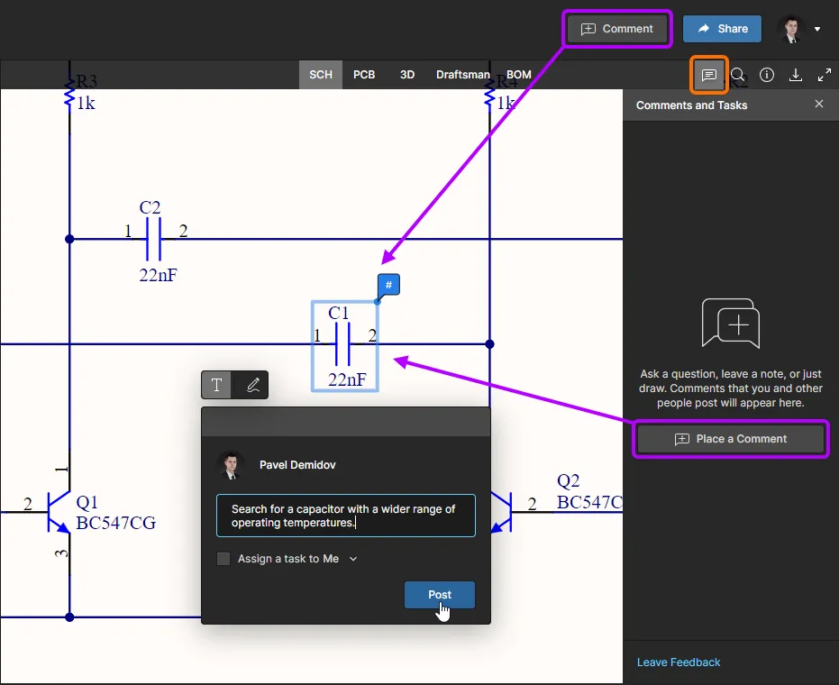 Placing a comment in the Web Viewer interface.