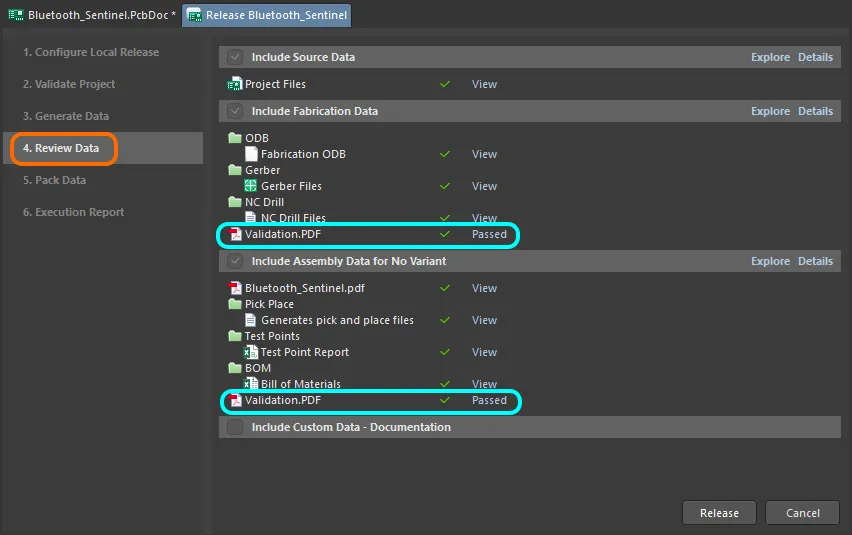 Example of successful validation being run within the Release view, for fabrication and assembly data sets.